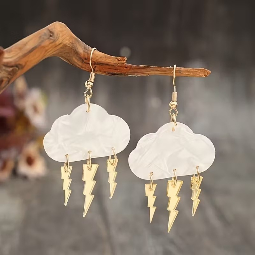 White Cloud Lightning Bolt Dangle Earrings Gold‎ Tone Weather Stormy Jewelry